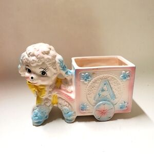Vintage Nancy Pew Giftwares Japan Baby Lamb Pulling ABC Cart Planter MCM